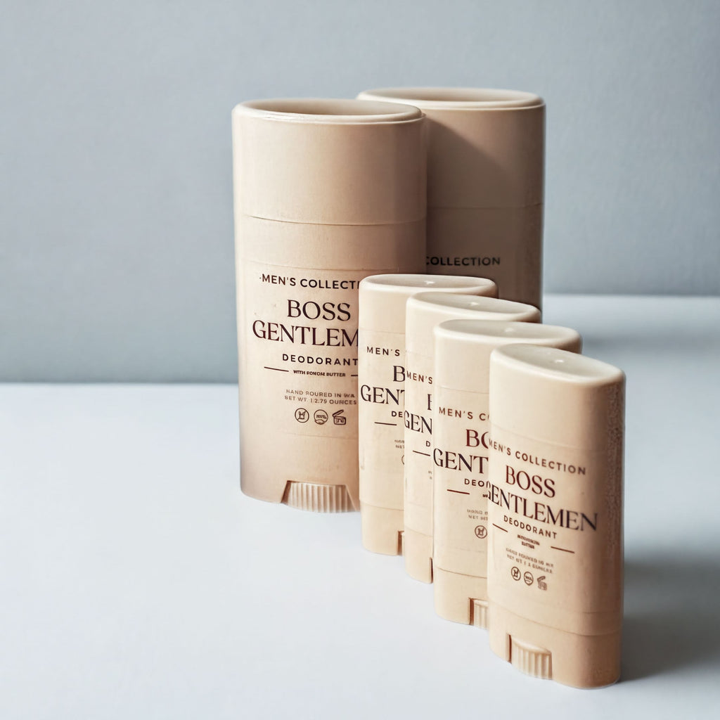 A row of beige deodorant sticks with the text "MEN'S COLLECTION" printed on them, along with the text "BOSS GENTLEM" and "BOSS" printed on the side of the sticks.