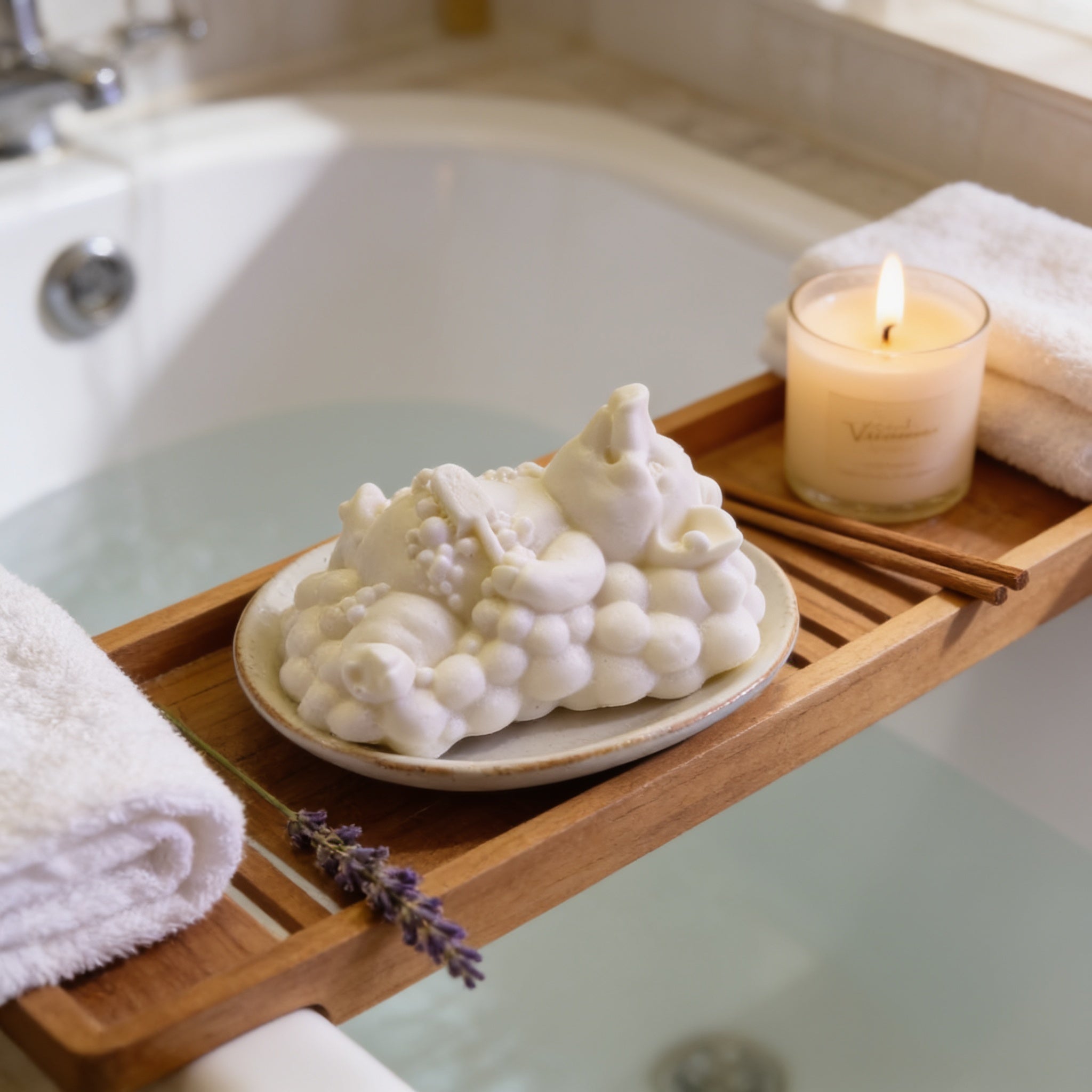 A wooden tray with a candle, a white soap bubble, and a lavender flower, placed on a white bathtub.