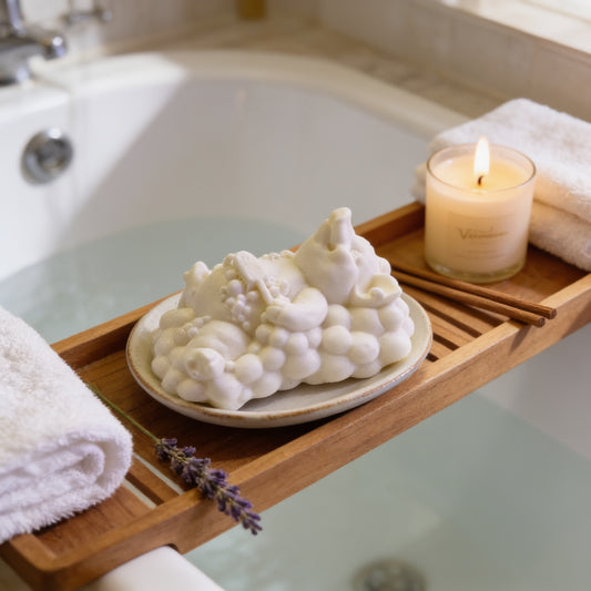 A wooden tray with a candle, a white soap bubble, and a lavender flower, placed on a white bathtub.