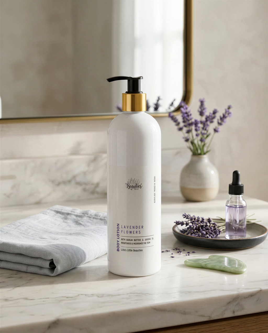 a bathroom counter with a bottle of "Lavender Flowers" body lotion, a vase of purple flowers, and a green jade roller.