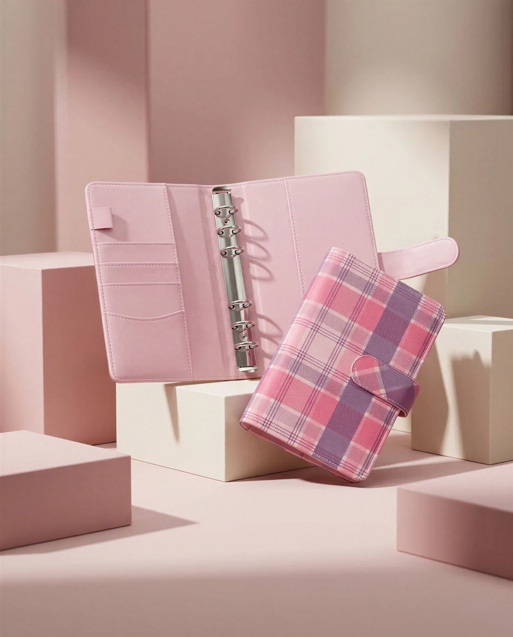 A pink leather-bound notebook with a metal ring and a plaid pattern is displayed on a pink background with white cubes.