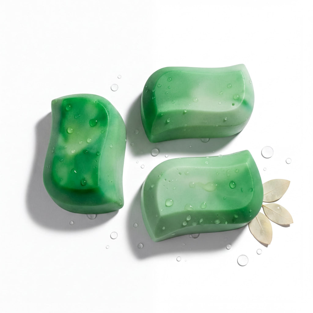 Three green, rectangular bars of soap with water droplets on them, along with some leaves, are arranged on a white background.