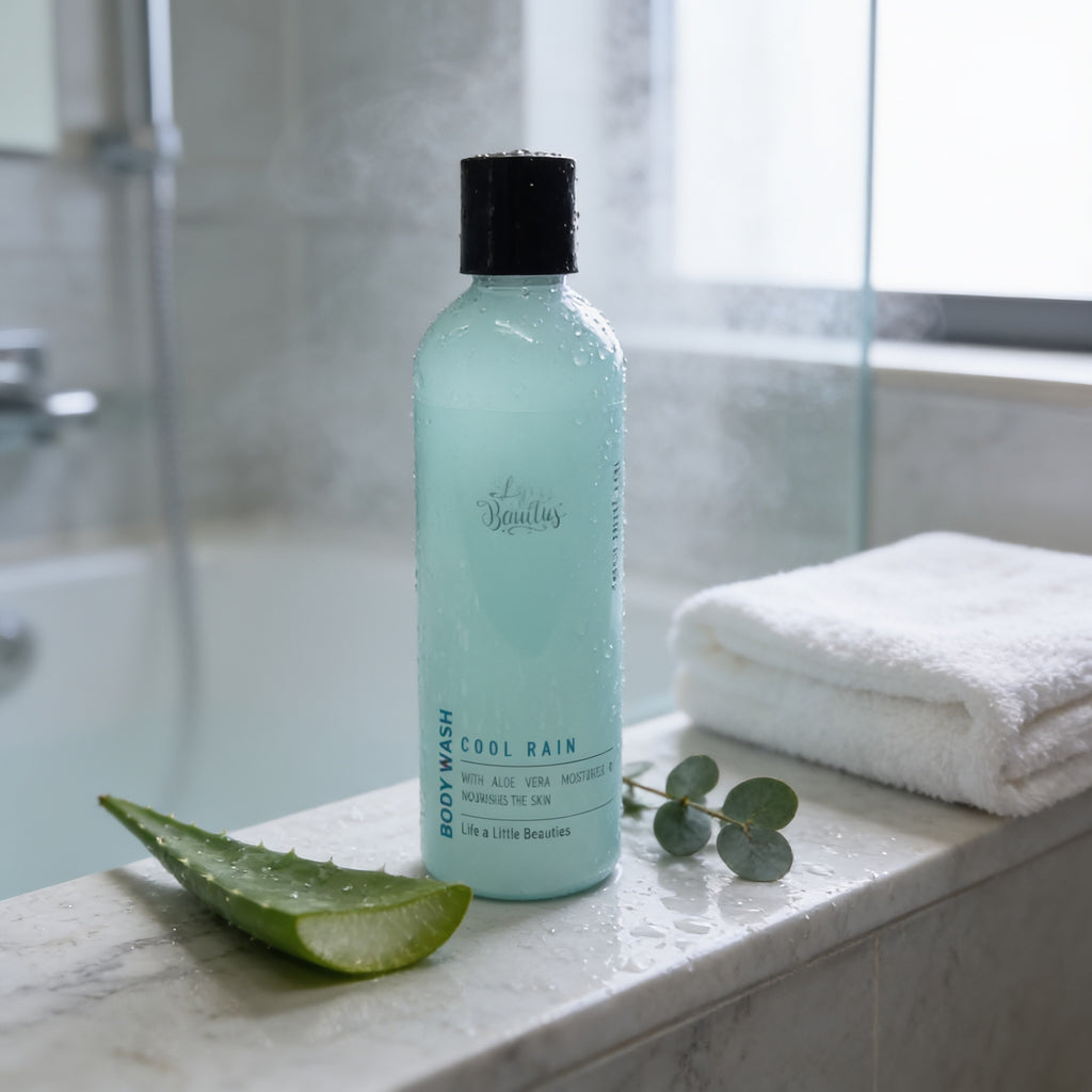 A bottle of "Cool Rain" body wash with aloe vera sits on a bathroom counter, accompanied by a white towel and a sprig of eucalyptus.