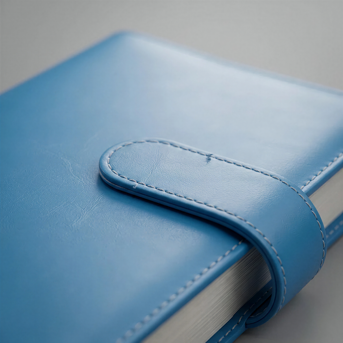 A close-up view of a blue leather-bound notebook with a white spine, showcasing the embossed cover and the stitching detail.