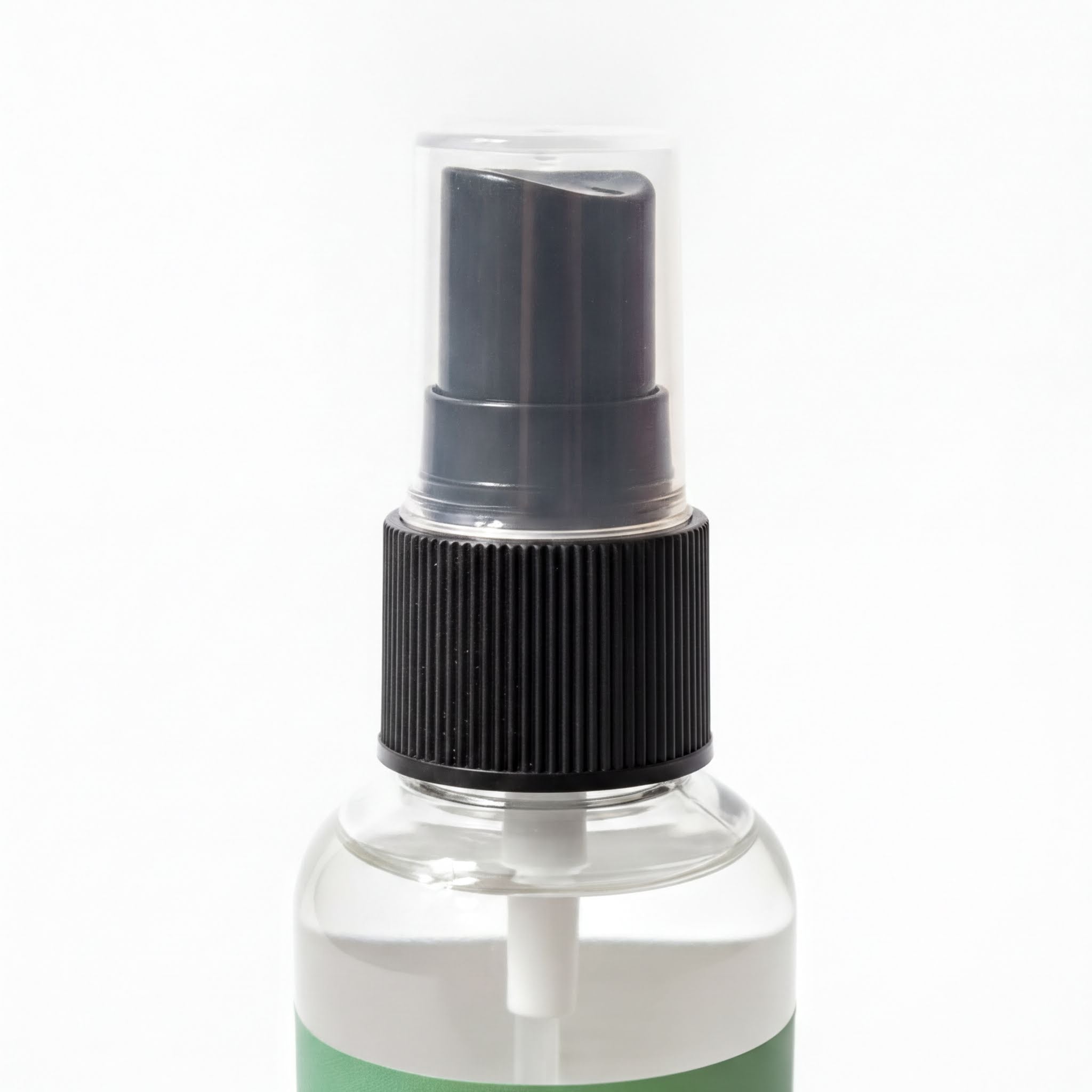 A spray bottle with a black pump and a black cap.