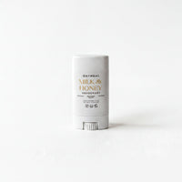 A white deodorant stick with a label that reads "OATMEAL MILK & HONEY DEODORANT" and "B cruelty free vegan".