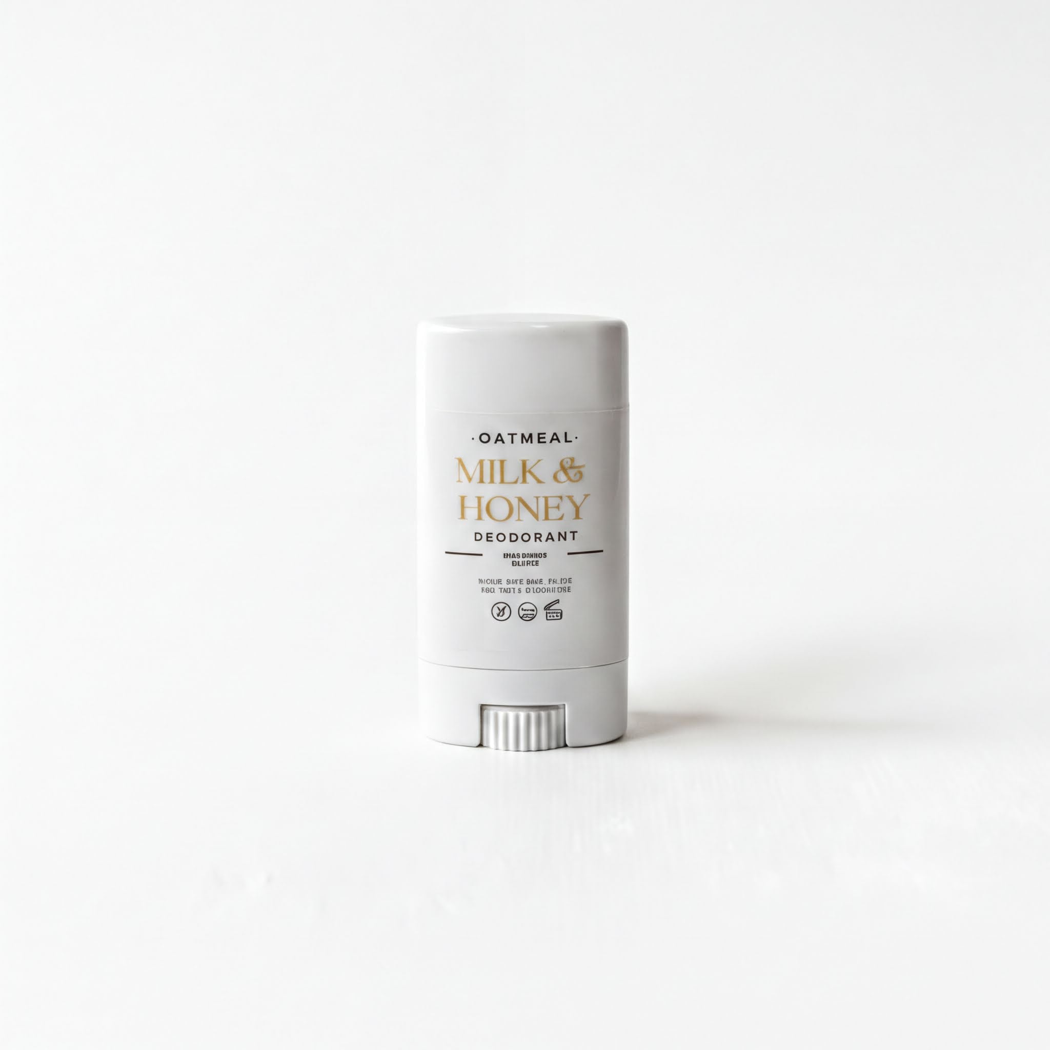 A white deodorant stick with a label that reads "OATMEAL MILK & HONEY DEODORANT" and "B cruelty free vegan".