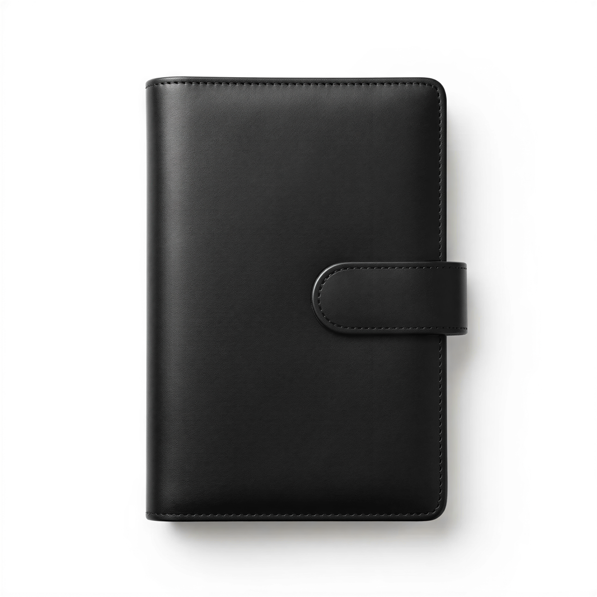 A black leather-bound notebook or journal with a zipper closure and a small leather clip on the front.