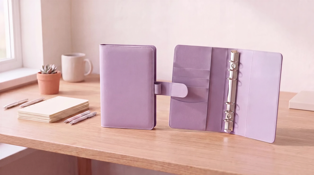 A wooden desk with a purple binder, a stack of notebooks, a mug, and a potted plant.