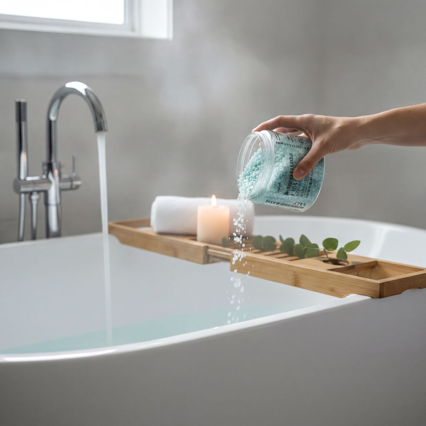 A hand is pouring a blue bath bomb into a white bathtub filled with water, with a lit candle and some greenery nearby.