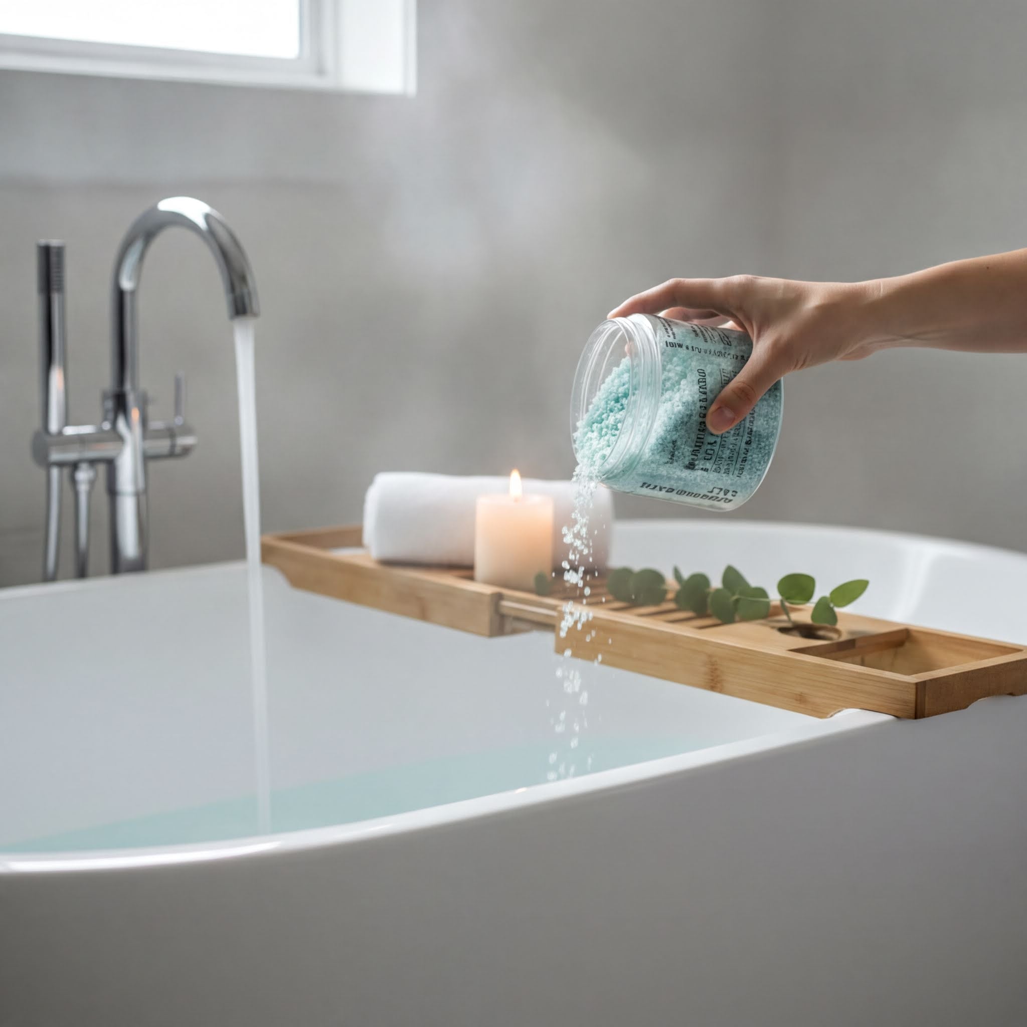 A hand is pouring a blue bath bomb into a white bathtub filled with water, with a lit candle and some greenery nearby.