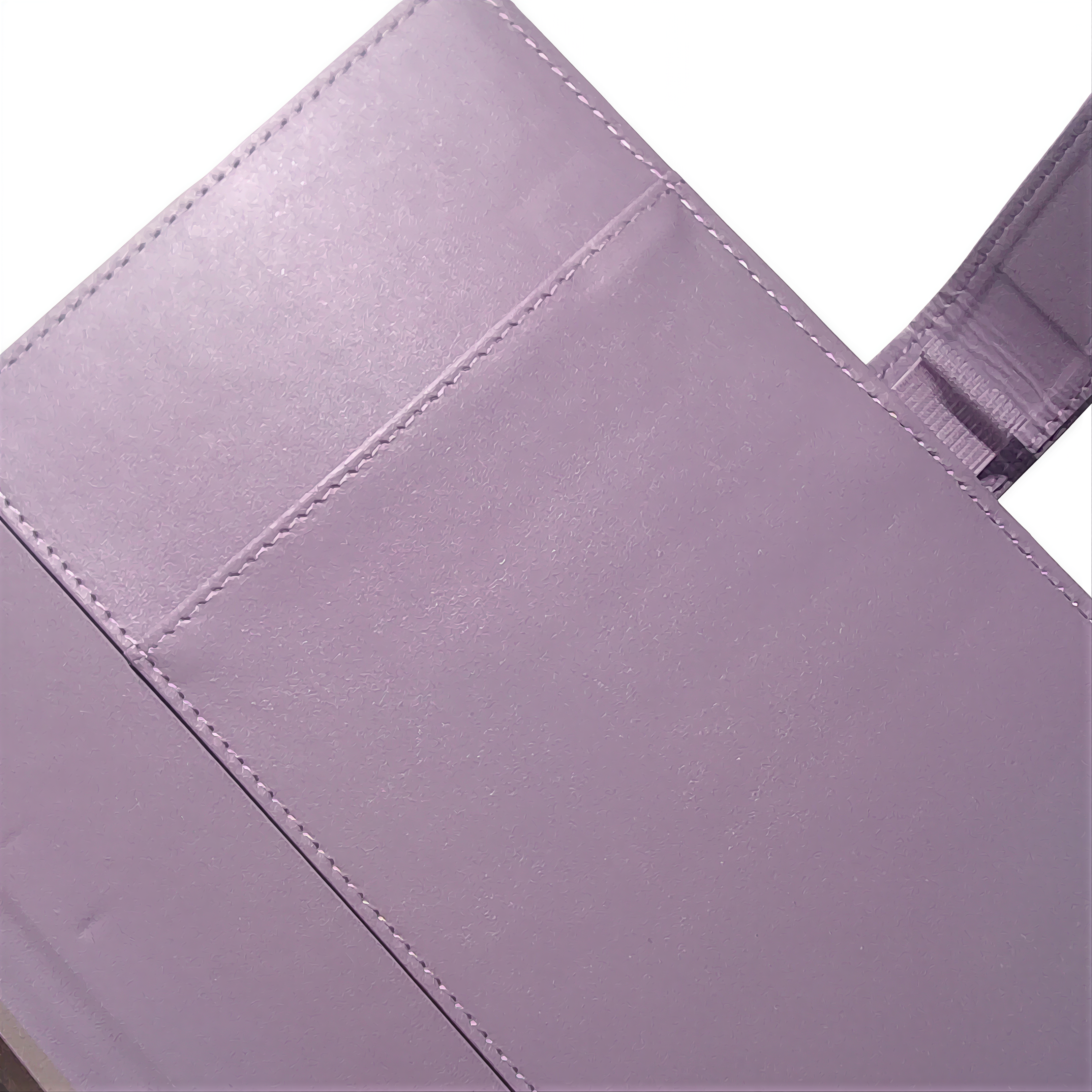 A close-up view of a purple leather wallet or card holder, with a shiny, reflective surface.