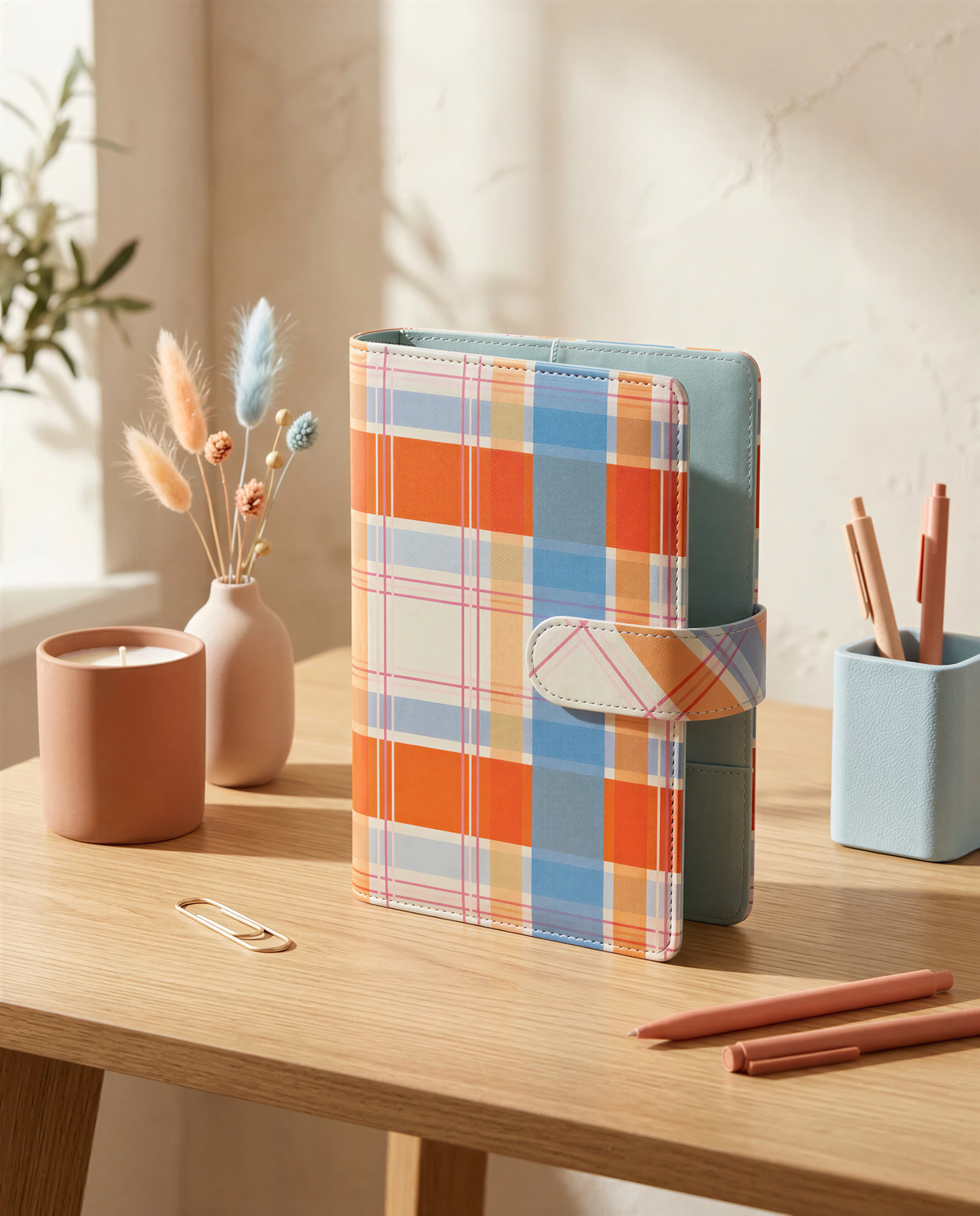 A plaid-patterned leather-bound notebook sits on a wooden desk, accompanied by a pink candle, a small vase with dried flowers, and a container of pens.