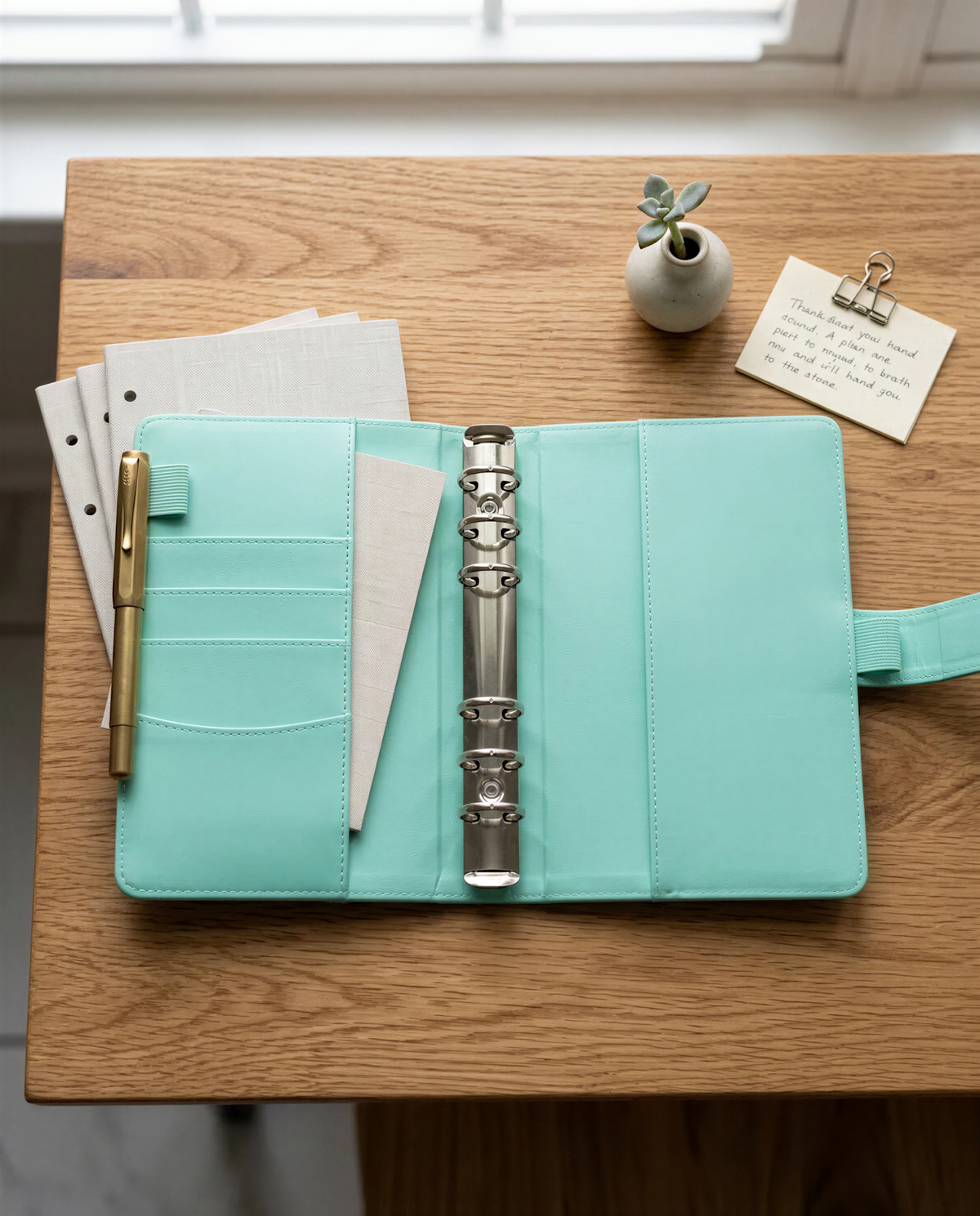 A mint green leather binder with a pen and a small plant in a white vase are placed on a wooden desk, accompanied by a note and a pen.