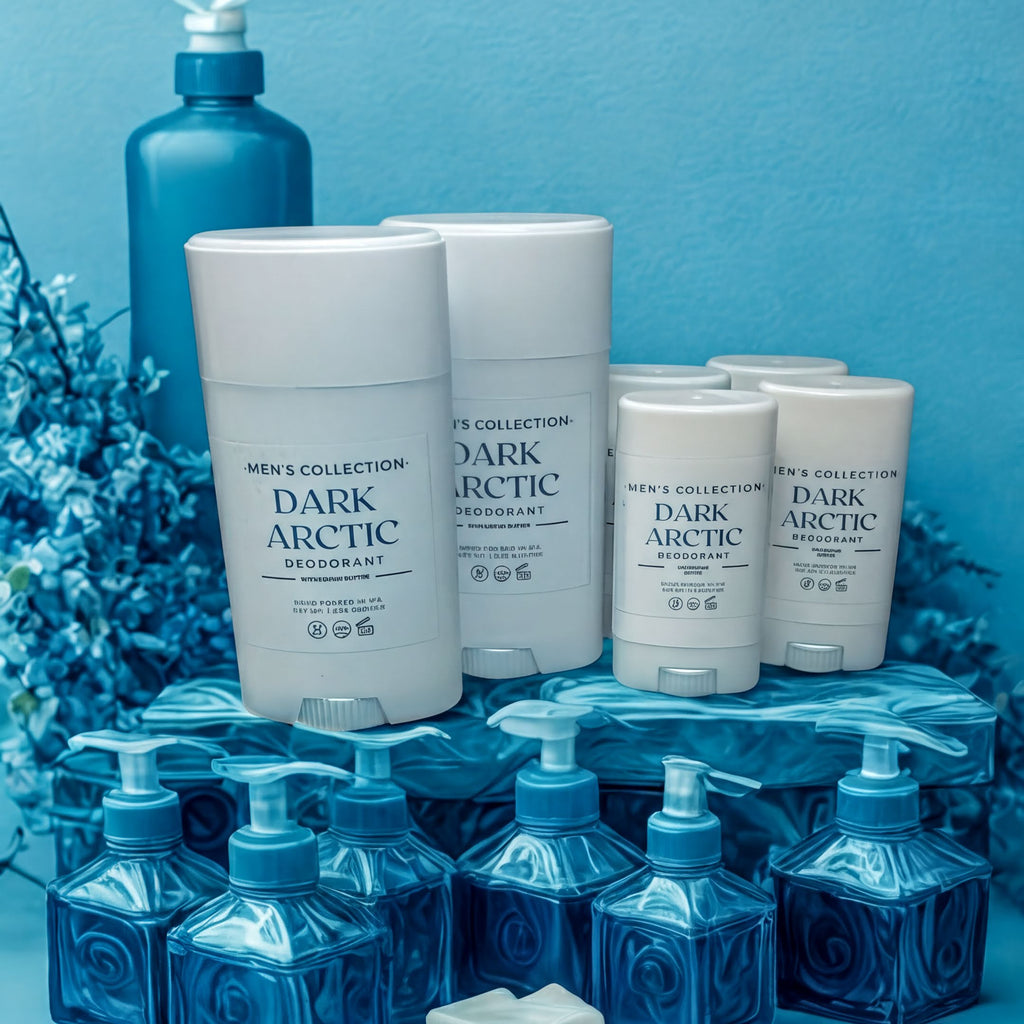 a collection of men's deodorant products, including dark arctic deodorant sticks and pump bottles, arranged on a blue background.