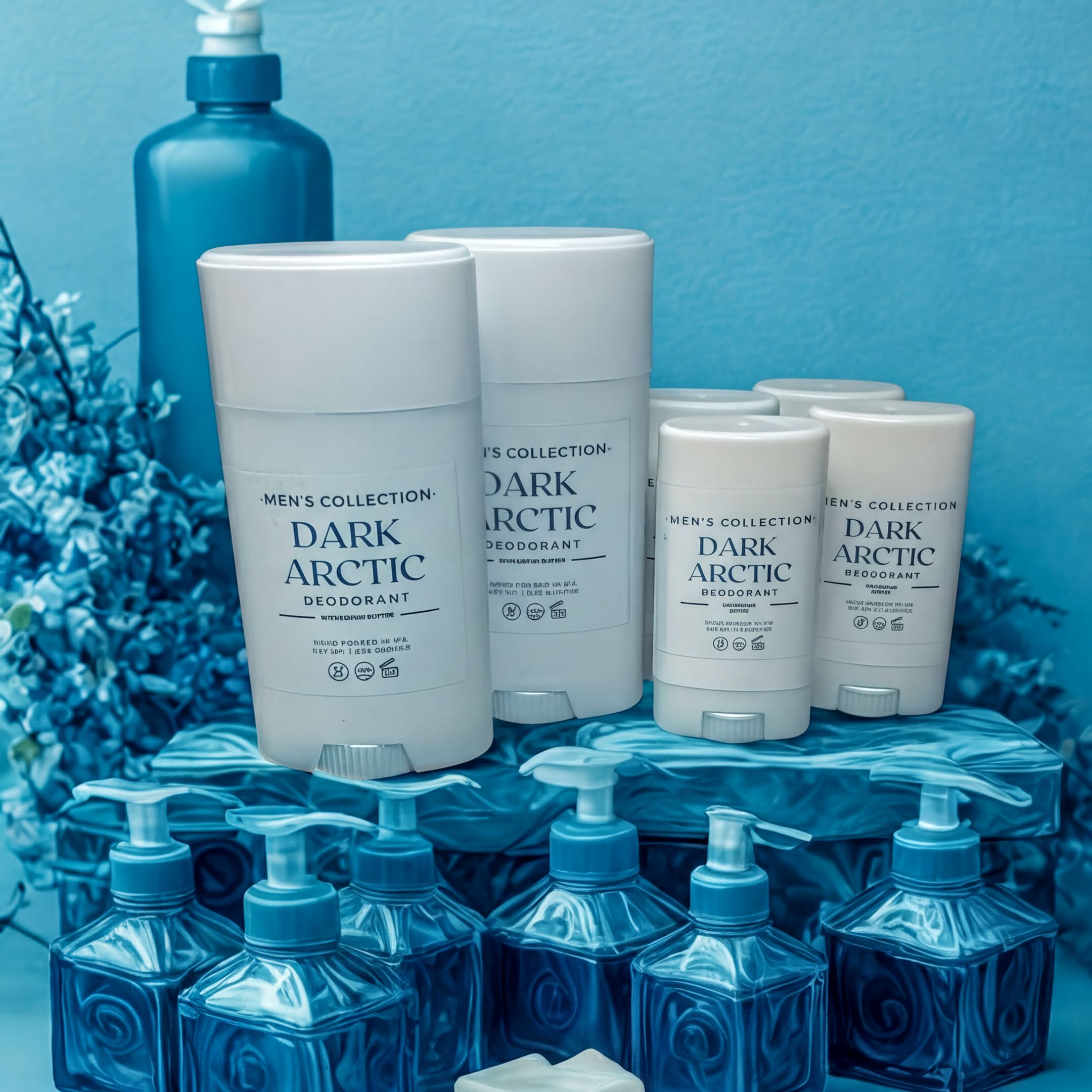 a collection of men's deodorant products, including dark arctic deodorant sticks and pump bottles, arranged on a blue background.