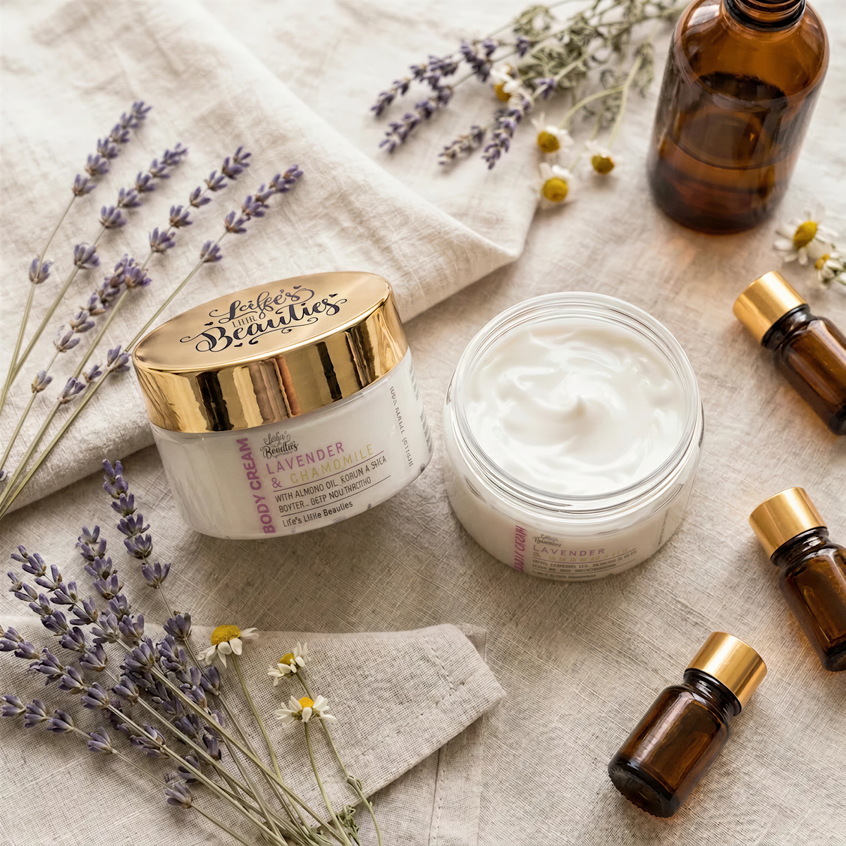 a collection of beauty products, including a jar of cream and a jar of lotion, surrounded by dried lavender and other flowers, as well as essential oil bottles.