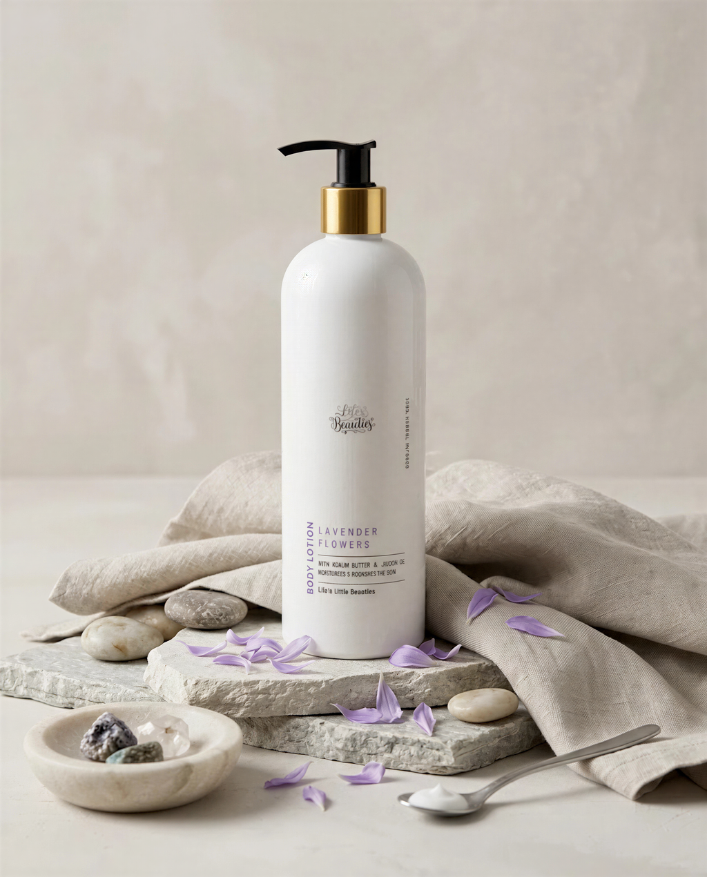 a bottle of "Lavender Flower Lotion" with a pump dispenser, placed on a stone surface surrounded by purple petals and a small bowl.