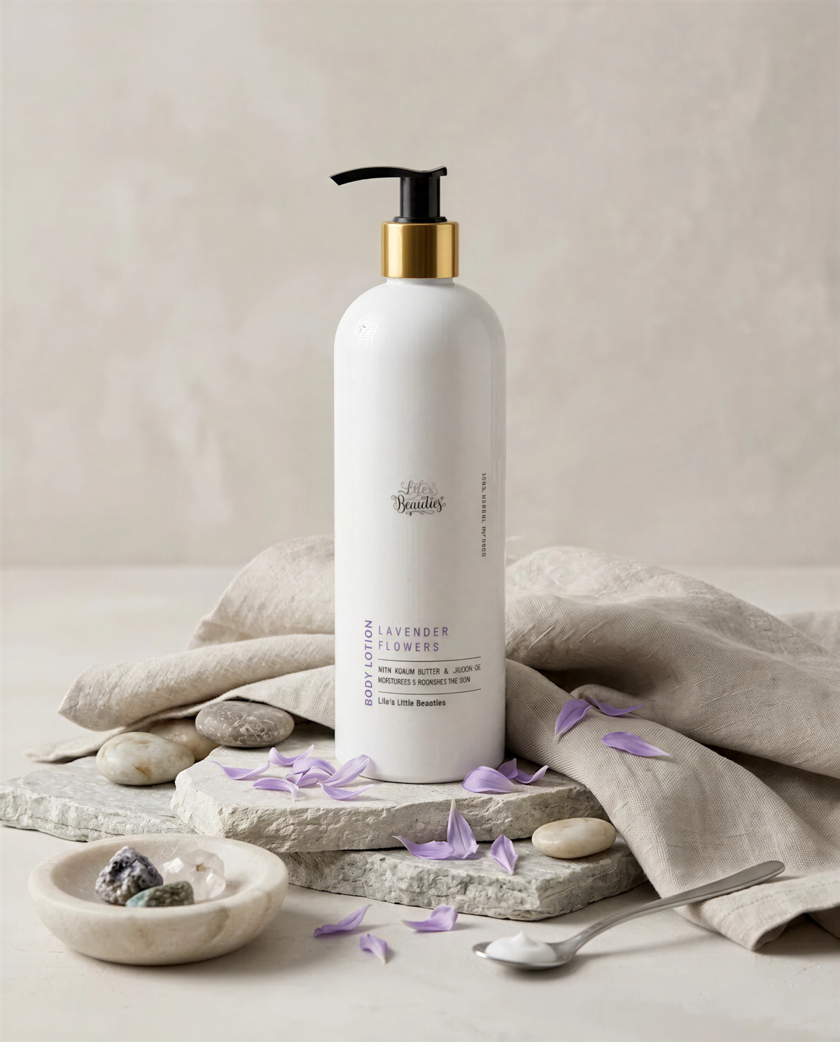 a bottle of "Lavender Flower Lotion" with a pump dispenser, placed on a stone surface surrounded by purple petals and a small bowl.