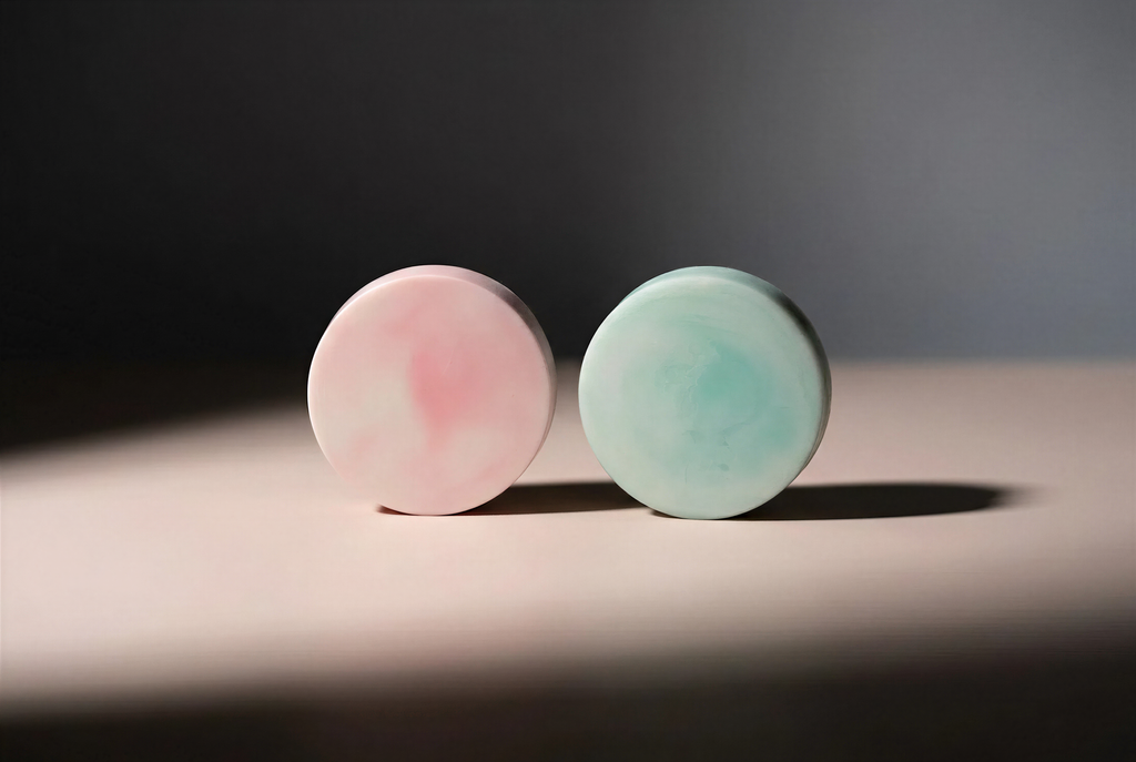 Two round objects, one pink and one green, are placed side by side on a light surface against a dark background.