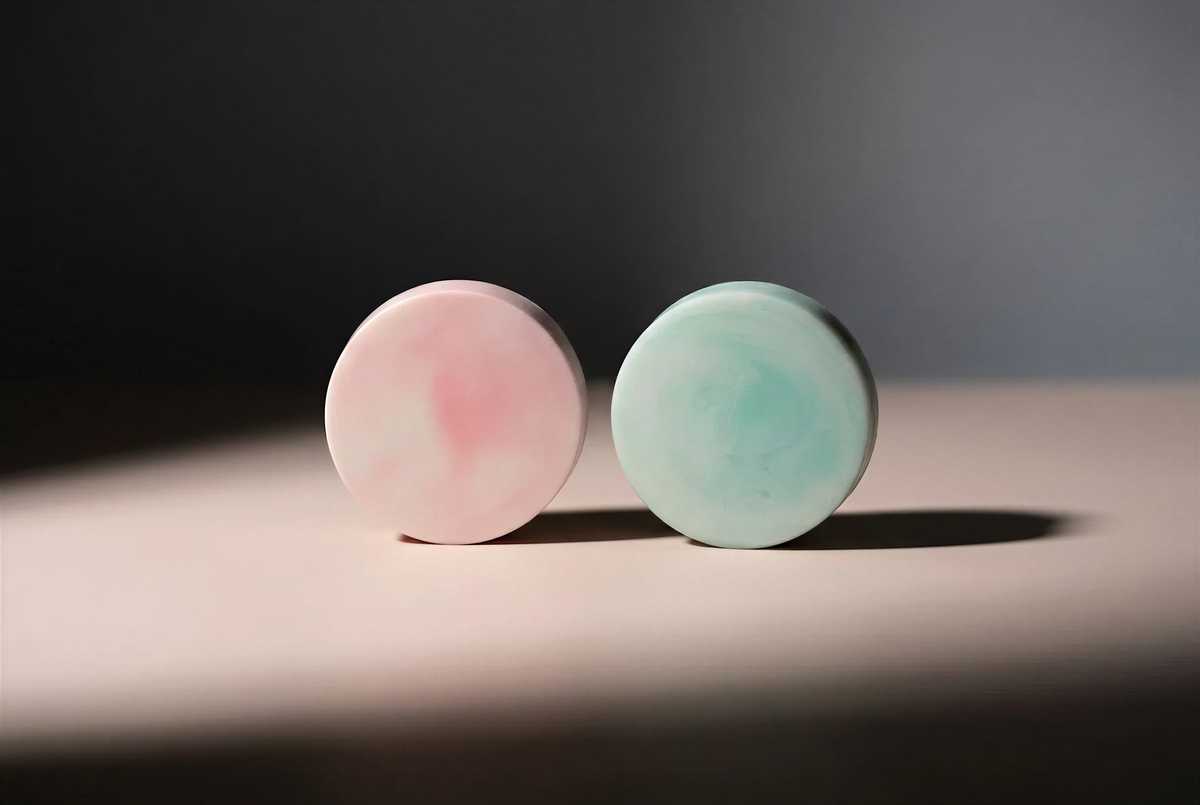 Two round objects, one pink and one green, are placed side by side on a light surface against a dark background.