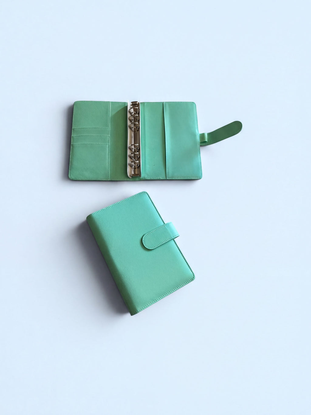 Two mint green leather-bound planners are shown against a light blue background.