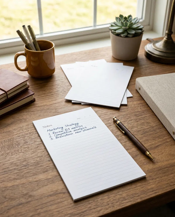 a wooden desk with various items on it, including a notebook, a pen, a cup, and a potted plant.