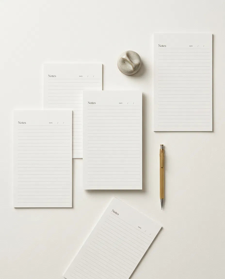 a collection of blank lined notebooks and a pen on a white background.