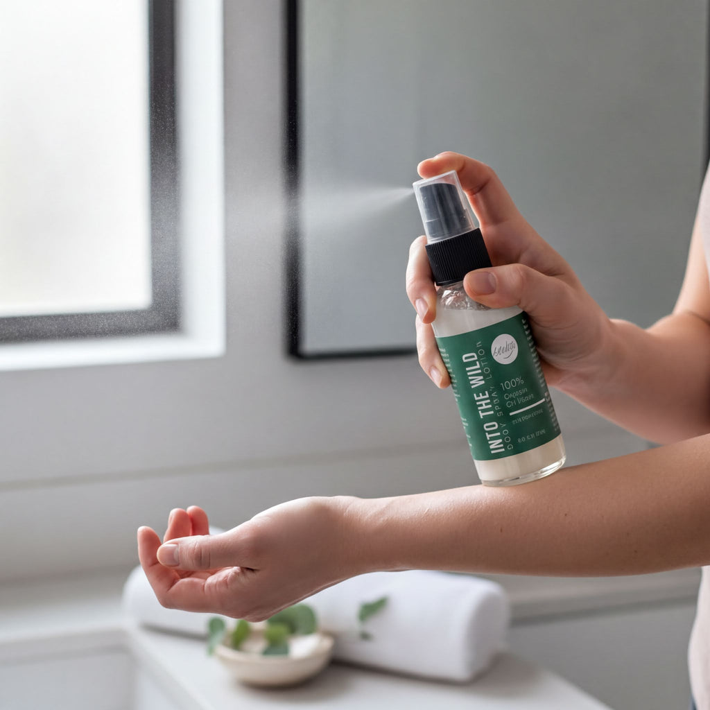 A person is spraying a green bottle of lotion onto their arm in a bathroom.