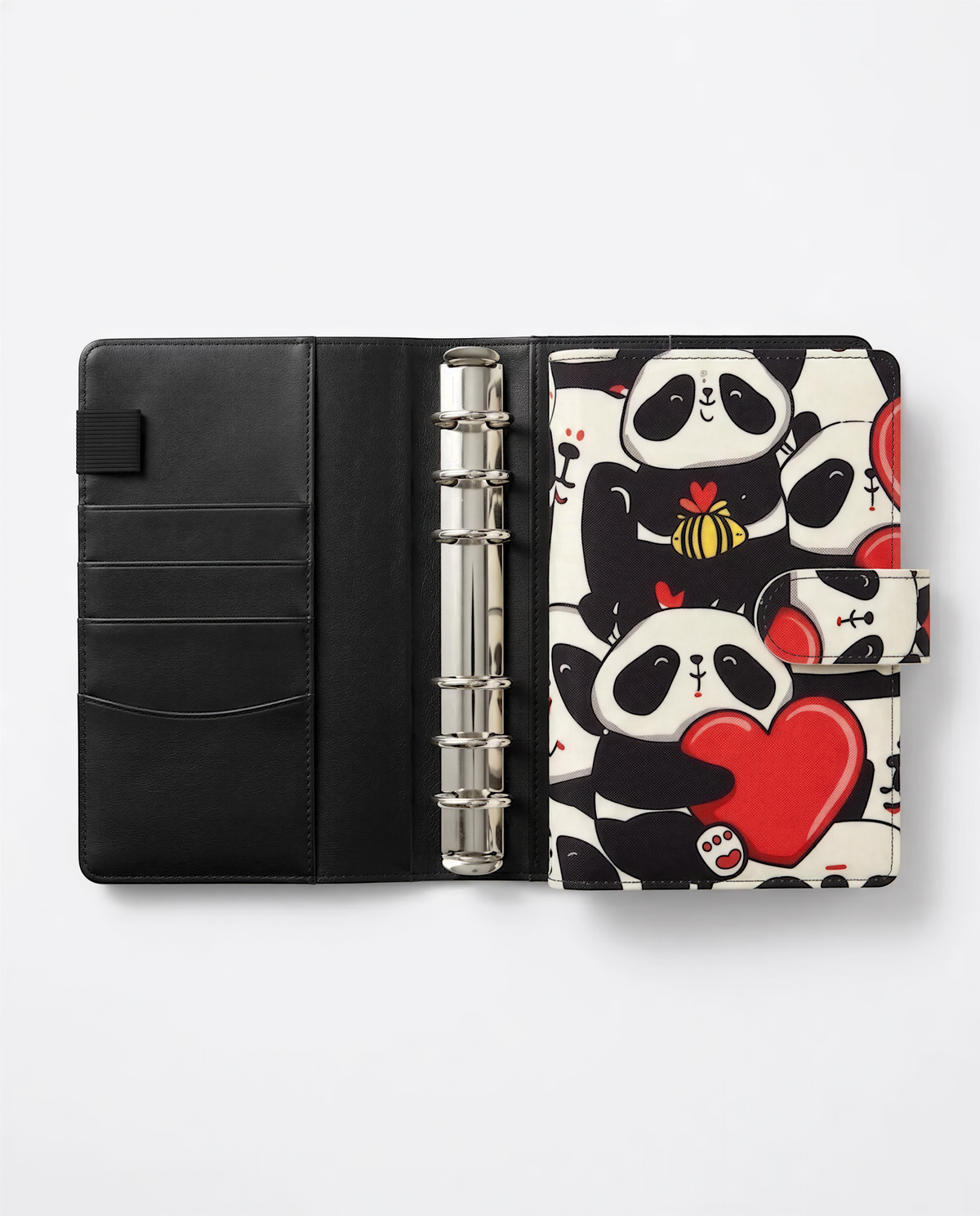A black leather-bound spiral notebook with a playful panda design on the cover.