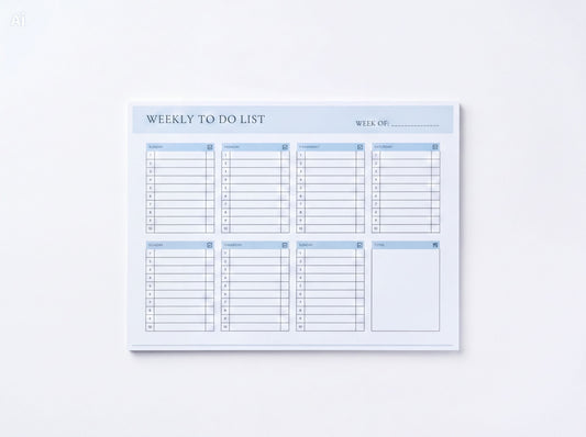 two weekly to-do lists on a marble surface, with a pen and a flower nearby.