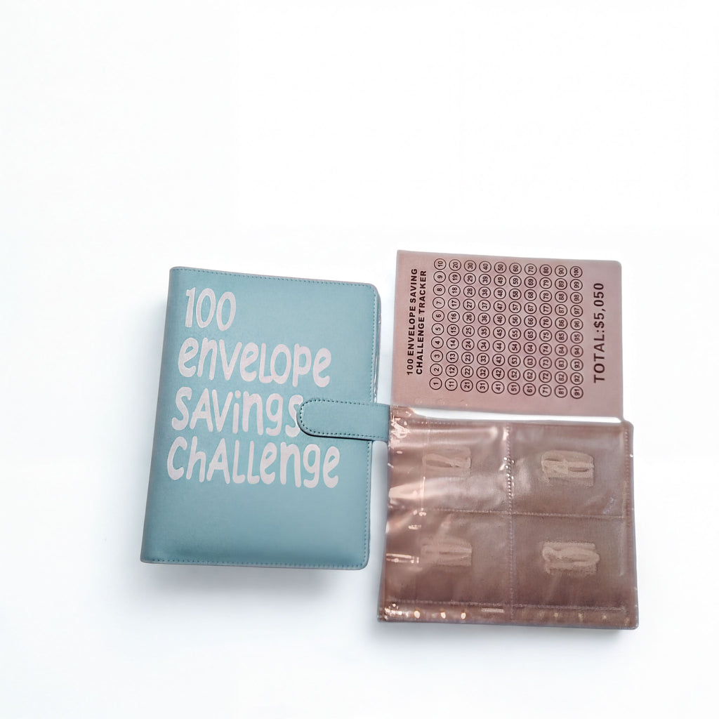 100 envelope savings challenge tracker with numbered slots and total goal