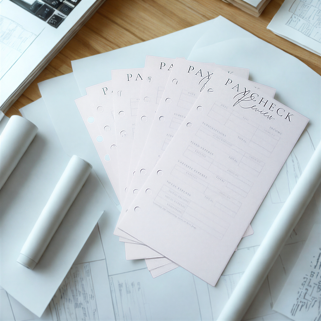 a collection of pink sticky notes or forms on a wooden surface, with some papers and a calculator visible in the background.