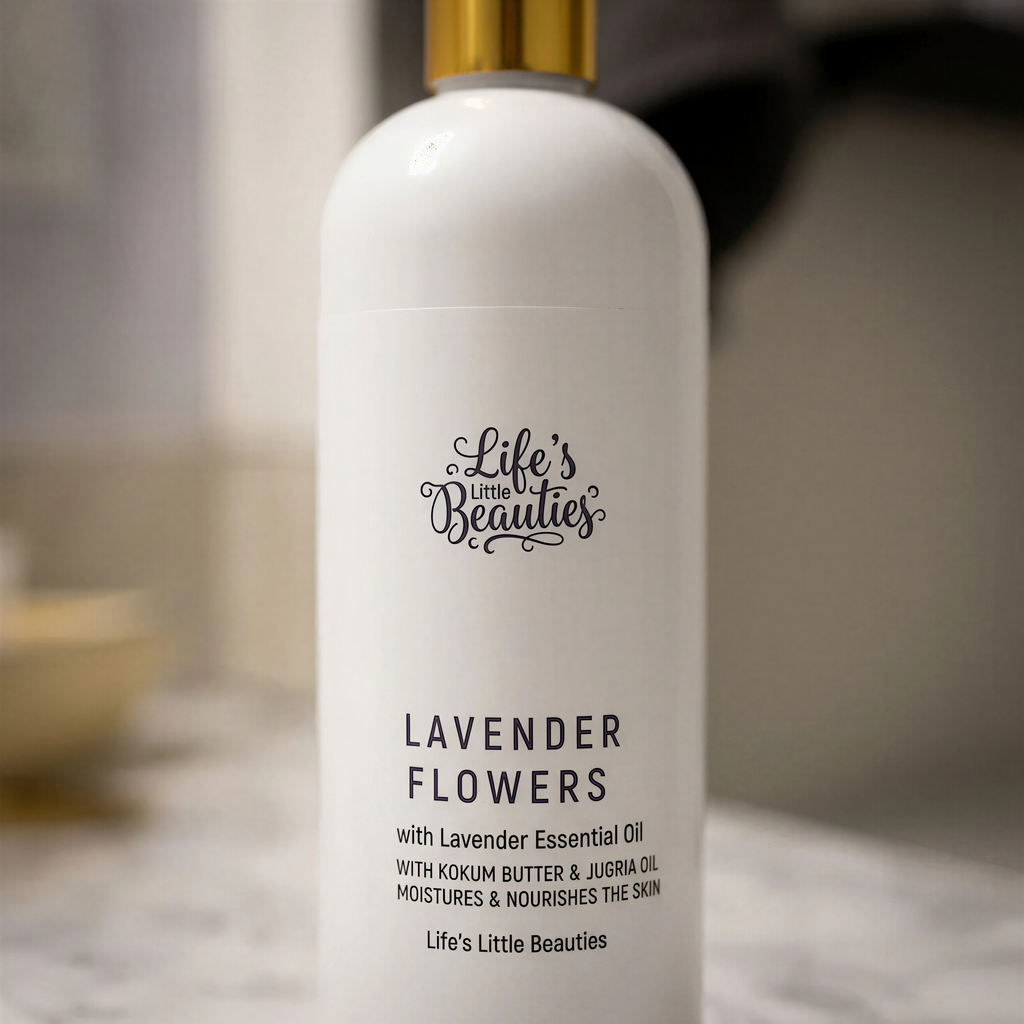 A bottle of lavender-scented body lotion with a label that reads "Life's Little Beauties" and "LAVENDER FLOWERS with Lavender Essential Oil with Kumer Butter & Jugra Oil moisturizes & nourishes the skin".