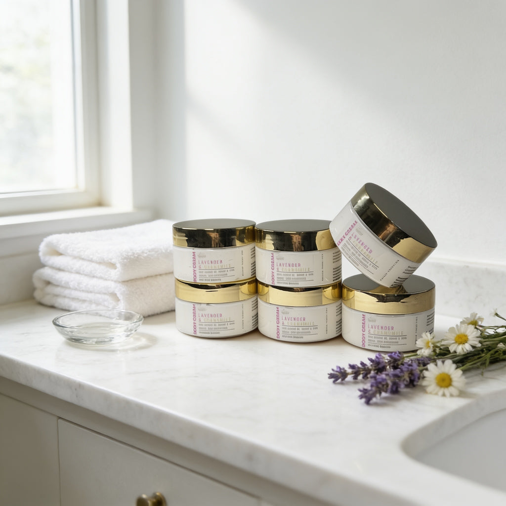 a collection of six jars of skincare products arranged on a white countertop, with a folded white towel and some flowers nearby.