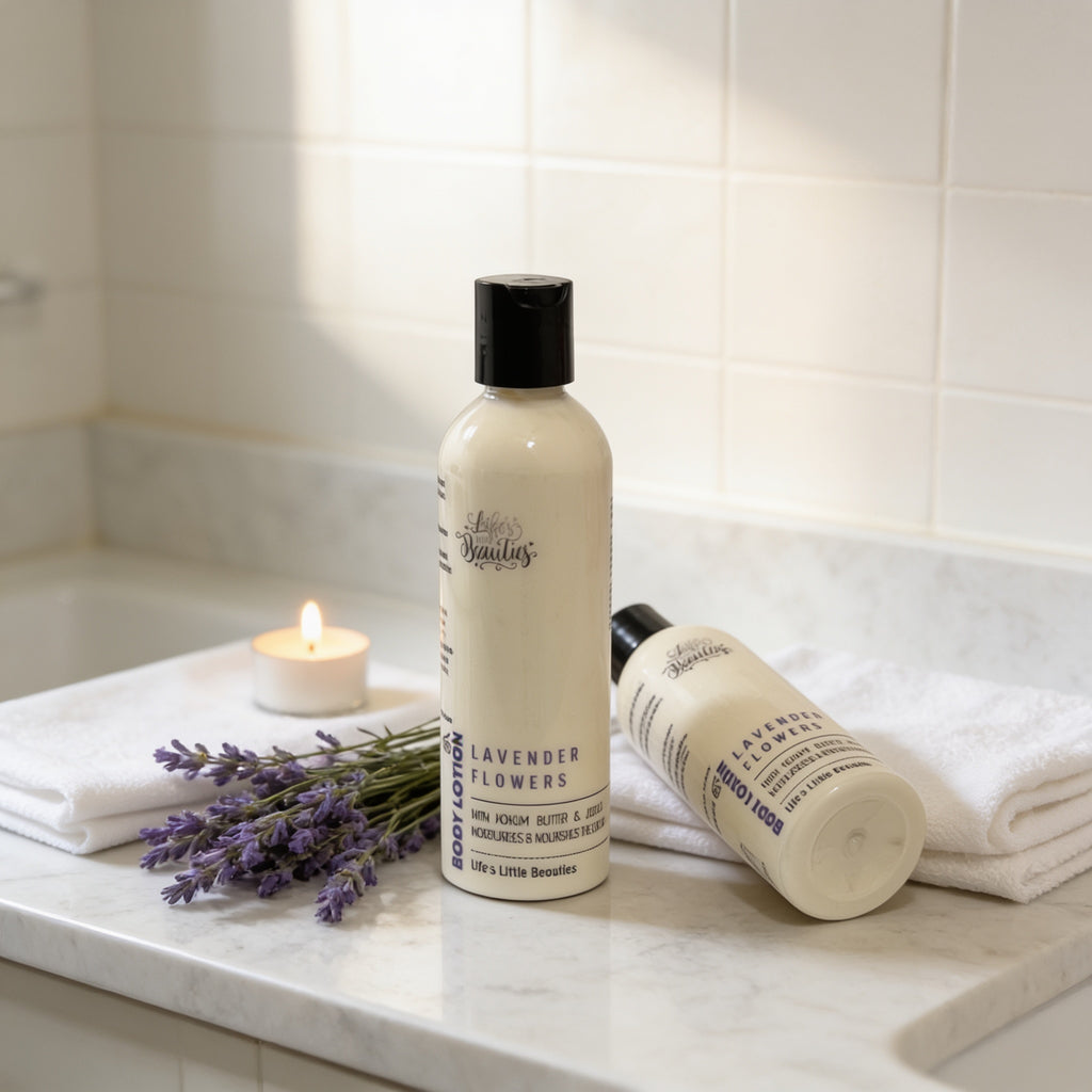 a bottle of "Lavender Flowers" body lotion, a lit candle, and a bouquet of lavender flowers on a white marble countertop.