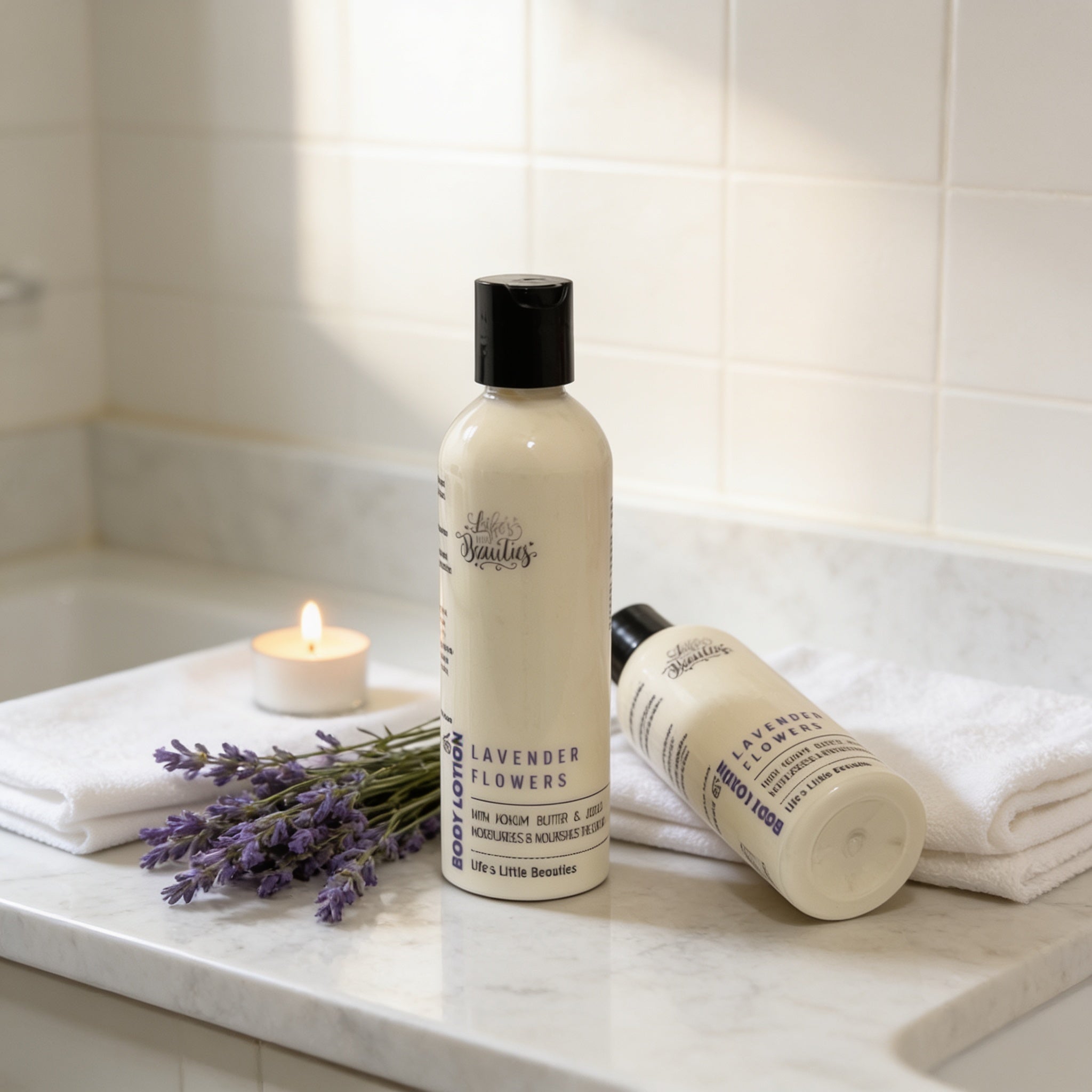 a bottle of "Lavender Flowers" body lotion, a lit candle, and a bouquet of lavender flowers on a white marble countertop.