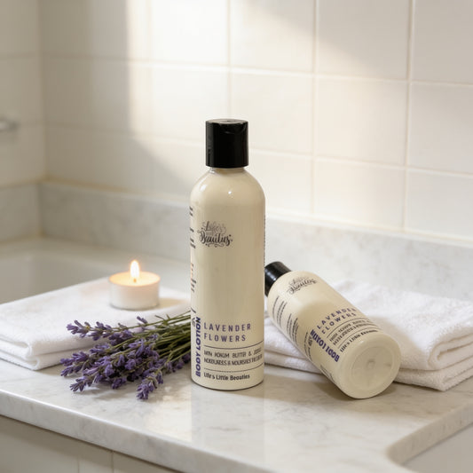 a bottle of "Lavender Flowers" body lotion, a lit candle, and a bouquet of lavender flowers on a white marble countertop.