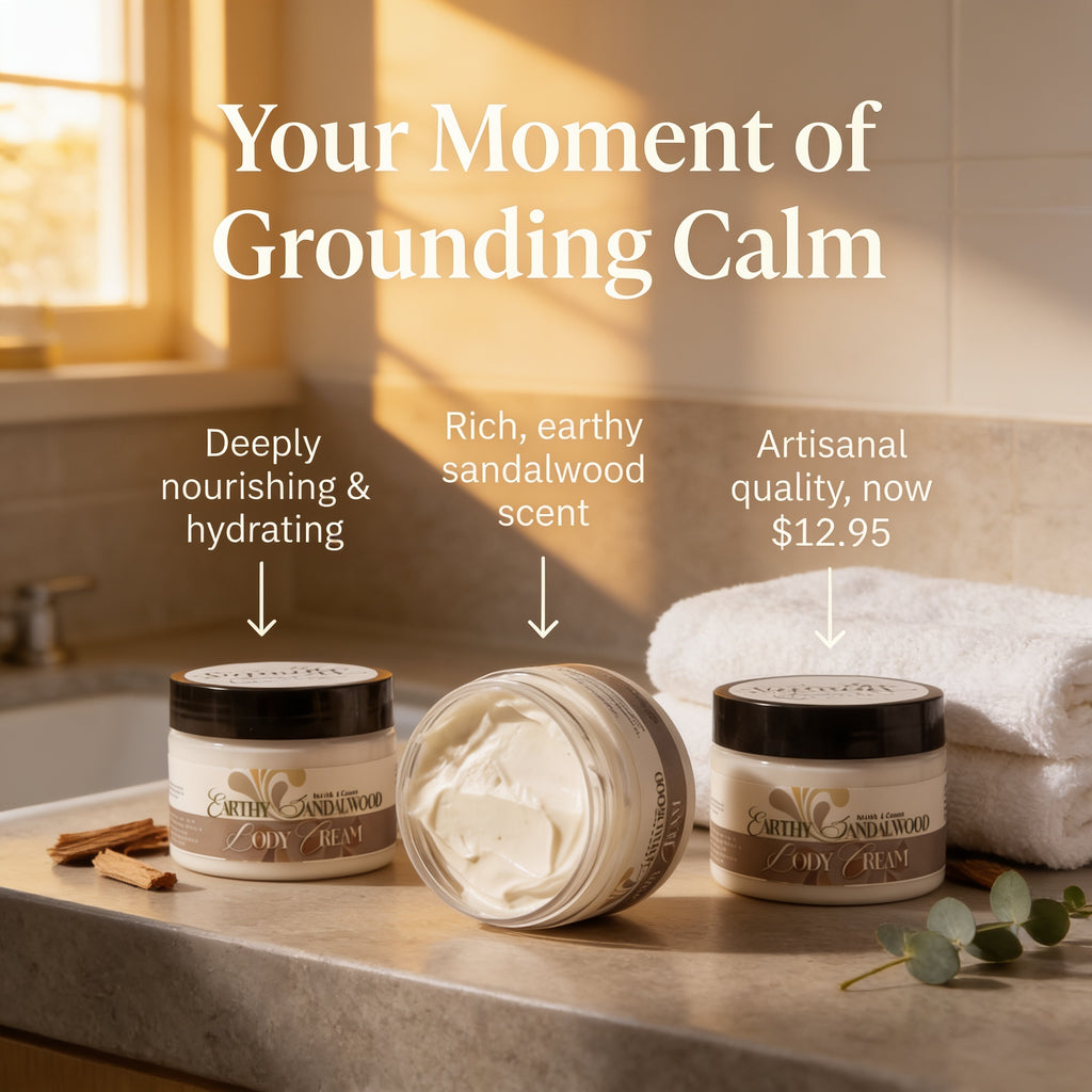 three jars of Earthly Sandwood Body Cream, each with a different price tag. The jars are placed on a countertop, with a towel and some plants nearby.