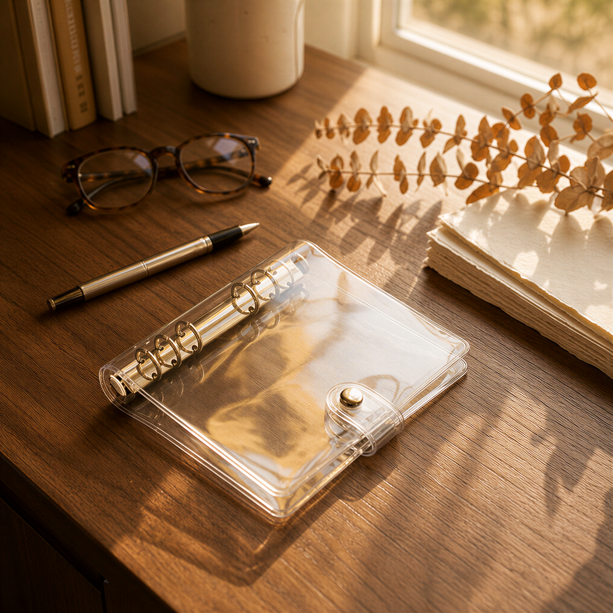 A wooden desk with various office supplies and decorative items, including a clear notebook, glasses, a pen, and a stack of papers.