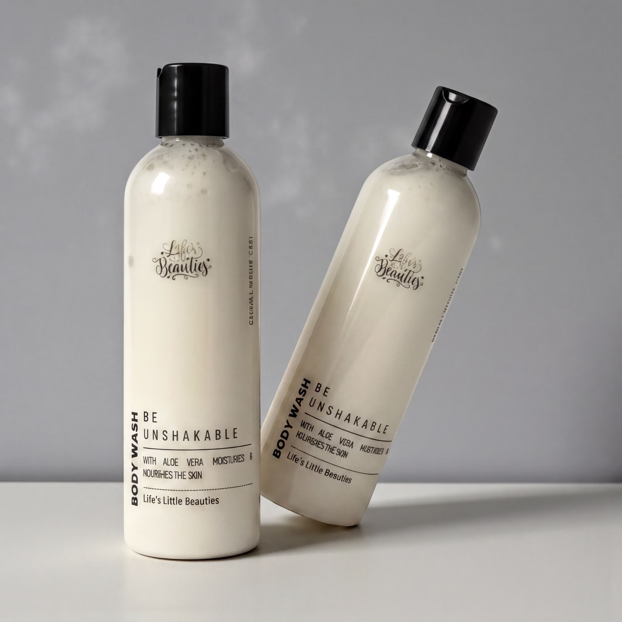 Two bottles of body wash with a white and black color scheme, placed side by side on a white surface against a gray background.