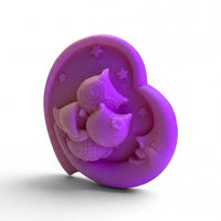 A purple owl figurine is depicted in a heart shape, with a crescent moon and stars around it.