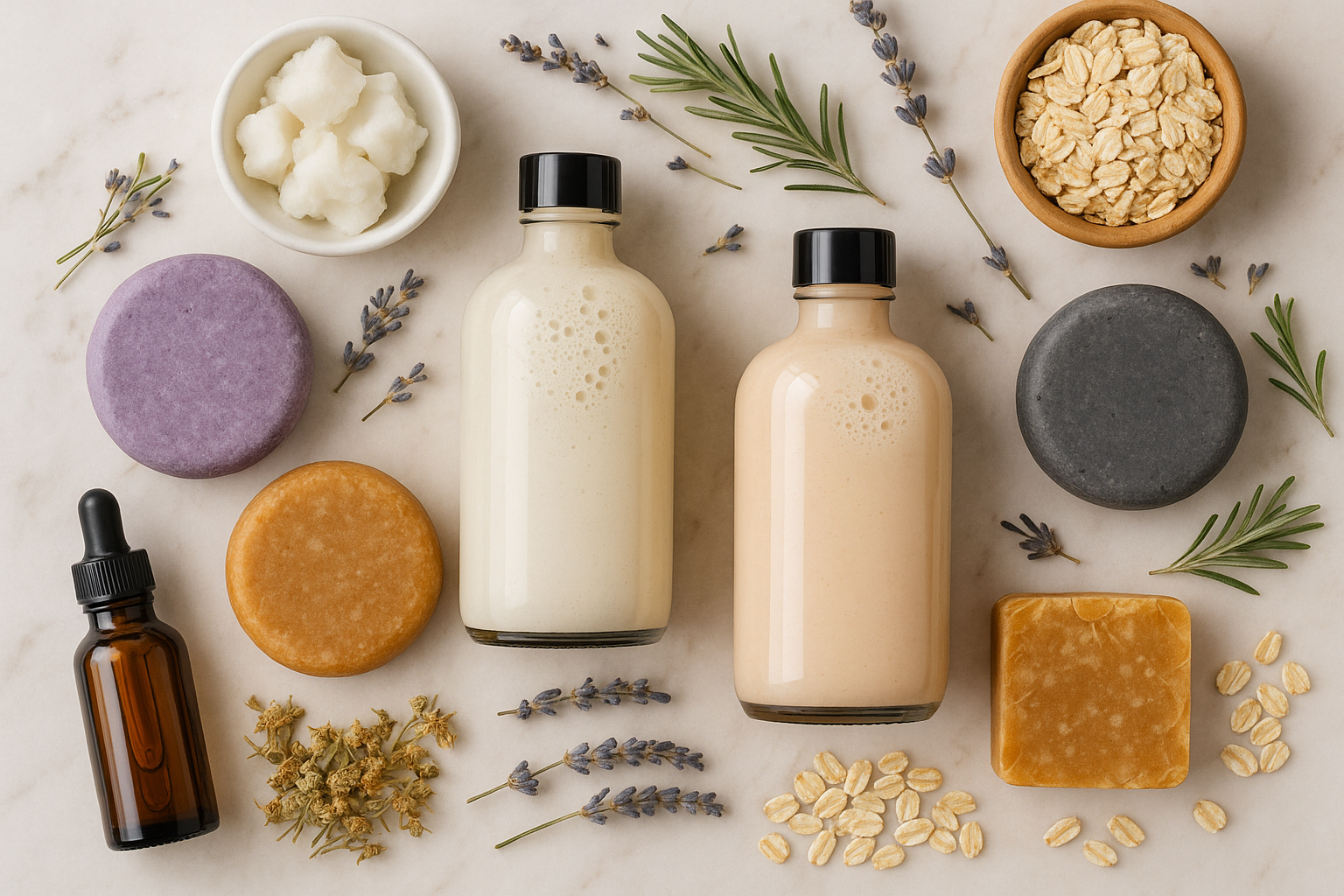 DIY Shampoo and conditioners, include bars and bottles