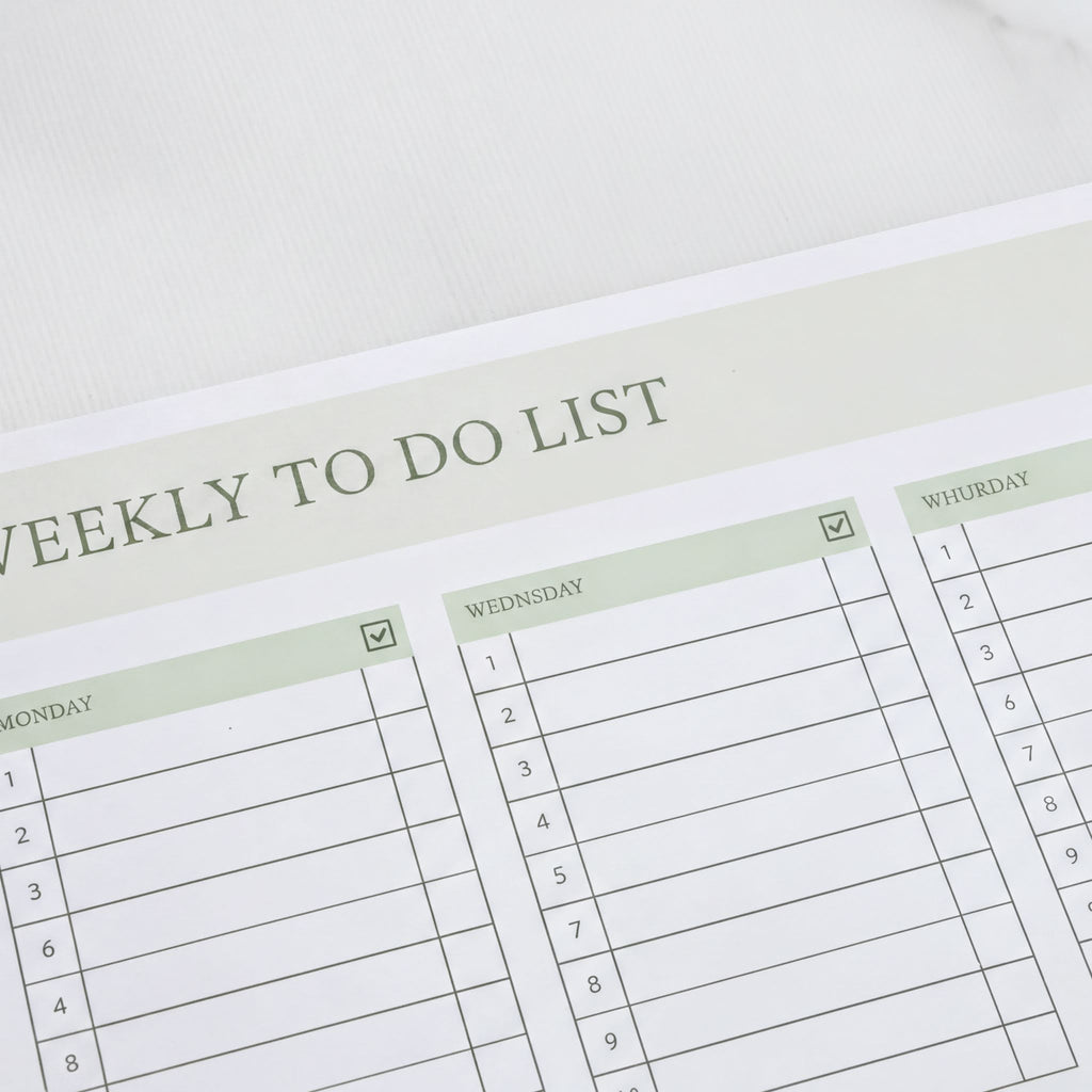 a weekly to-do list with checkboxes, indicating tasks to be completed each day of the week.