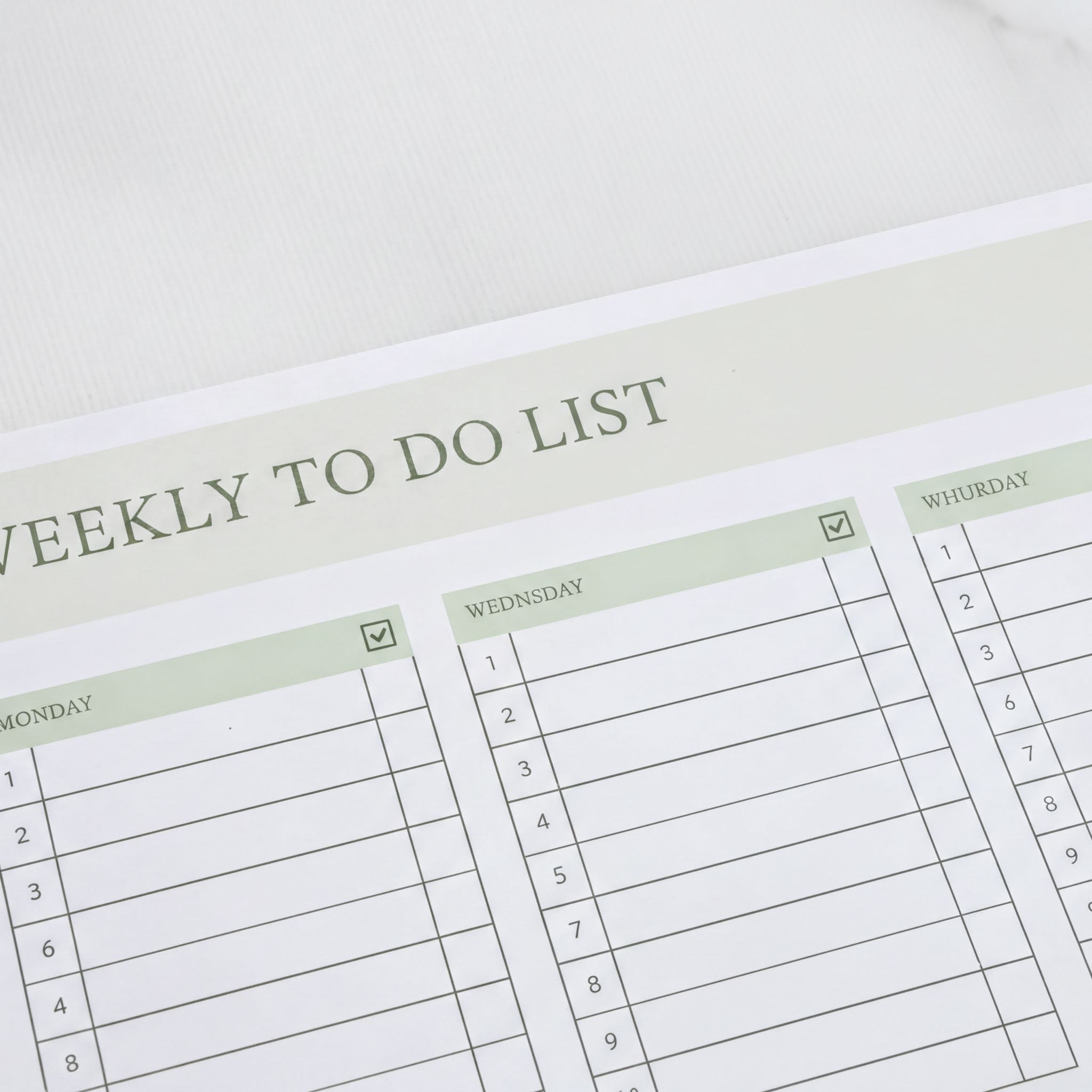 a weekly to-do list with checkboxes, indicating tasks to be completed each day of the week.