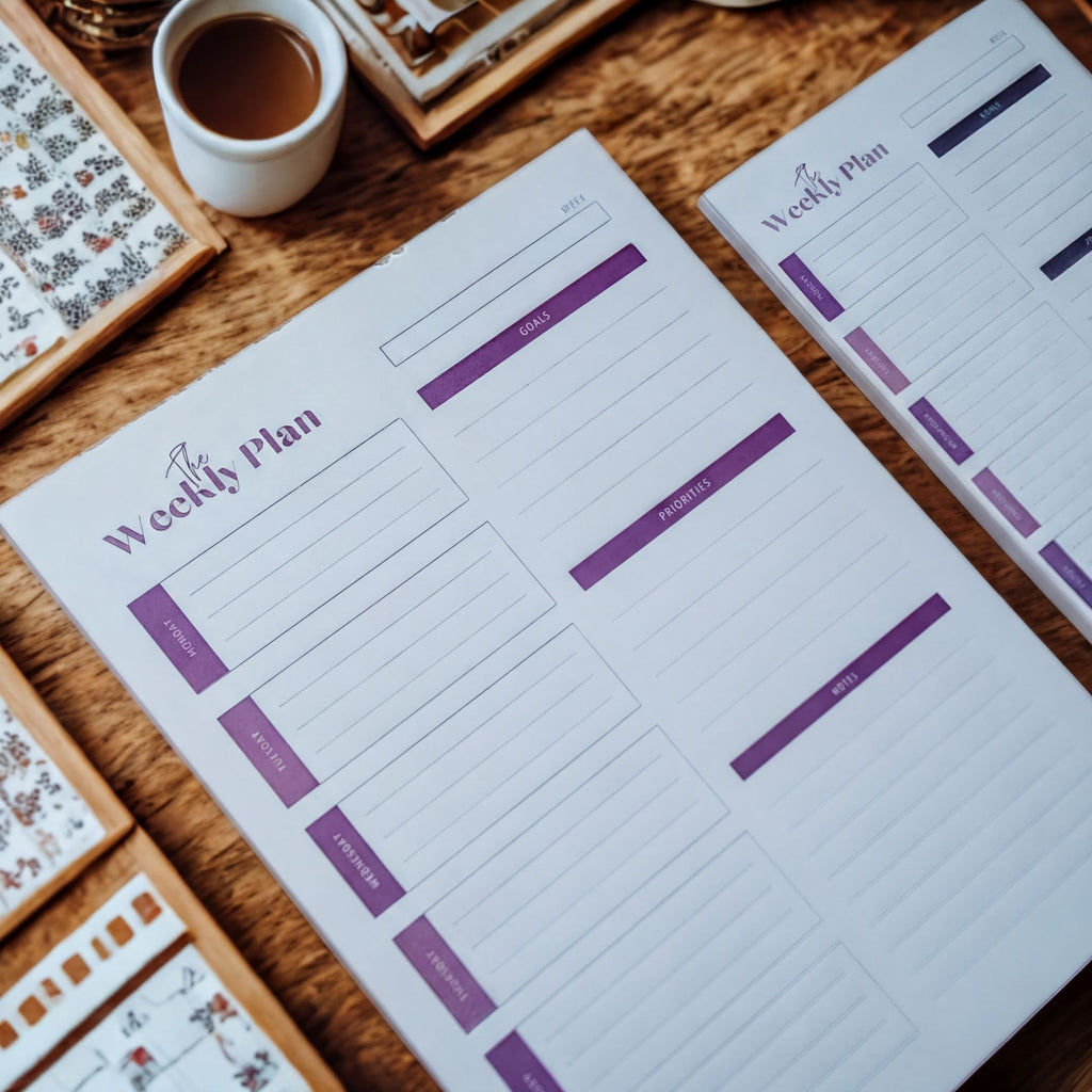 a close-up view of a white weekly planner with purple lines, placed on a wooden surface. There is a cup of coffee nearby, suggesting a relaxed and organized work environment.