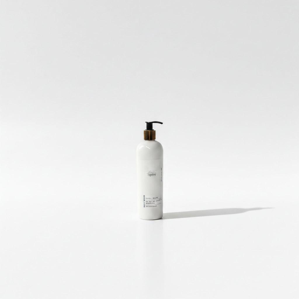 A white pump bottle with a black pump and label stands alone against a plain white background.