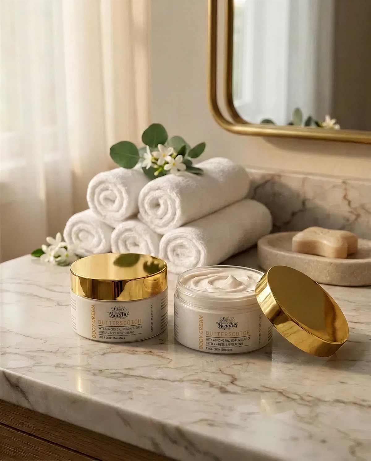 two jars of body cream with gold lids, placed on a marble countertop next to a mirror and rolled towels.
