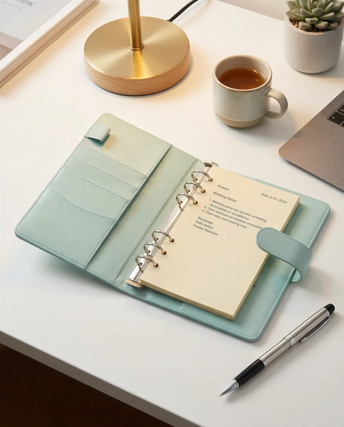 a light blue notebook with a pen and a cup of coffee on a white desk, along with a laptop and a plant.