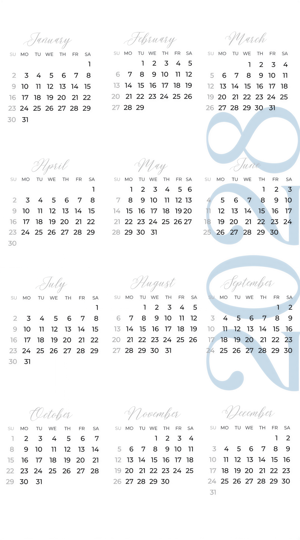 The image is a calendar for the months of the year, showing the days of the week and the dates for each month.